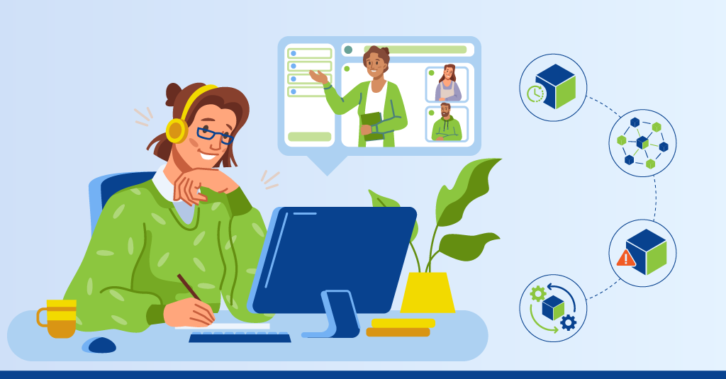 Illustration of corporate employees engaging with microlearning content through mobile devices and workplace tools, highlighting performance support and just-in-time learning in a modern training environment.