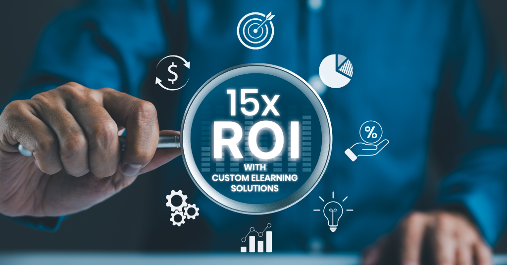 Business professionals reviewing custom eLearning dashboards showing performance metrics, compliance rates, and ROI insights on digital devices in a corporate setting.