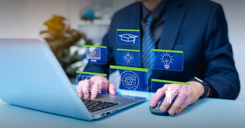 Corporate employee engaging with a custom eLearning module on a tablet, illustrating global team training and digital learning strategies