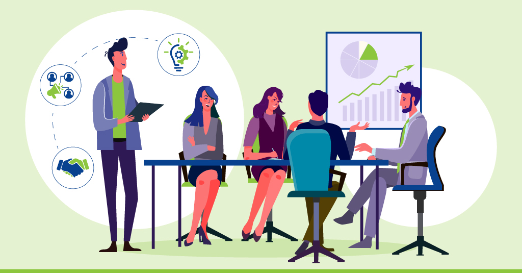 Business professionals discussing career paths and reskilling opportunities inside an enterprise.