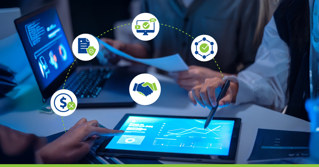Professional finance team reviewing compliance strategy on a digital training platform, symbolizing risk management and eLearning integration
