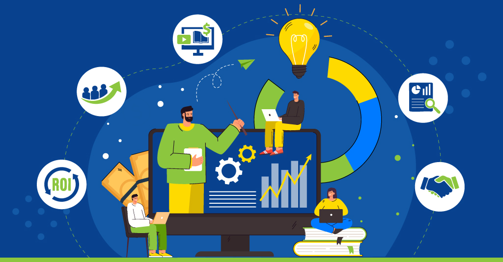 Business professionals analyzing training ROI metrics on a digital dashboard comparing custom eLearning and library course performance outcomes.