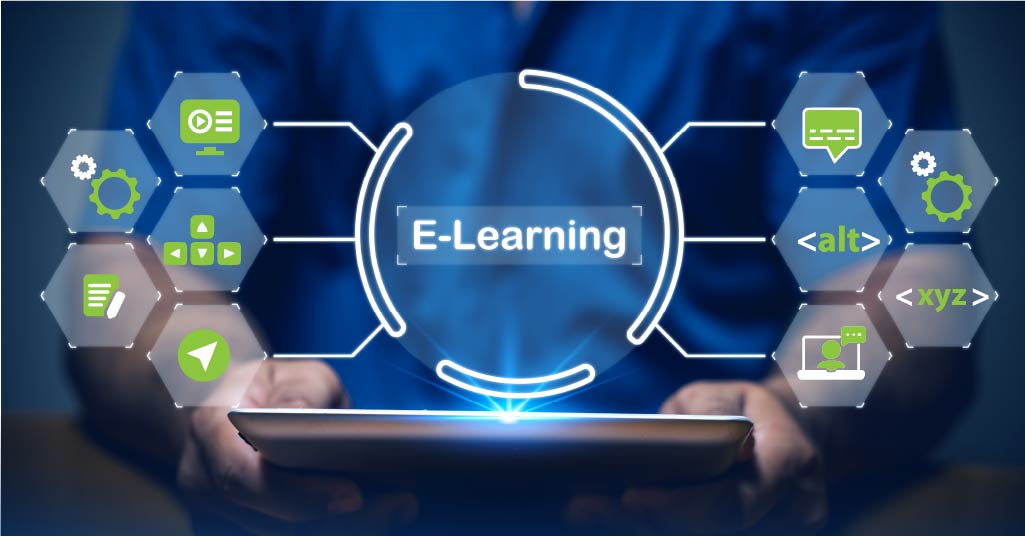 Graphic showing key accessibility elements used in eLearning, including alt text, captions, and keyboard-based navigation.