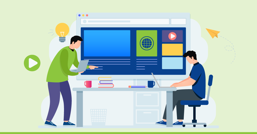 Employees collaborating on a digital training module representing Bespoke eLearning by Upside Learning, symbolising global engagement and tailored learning design.