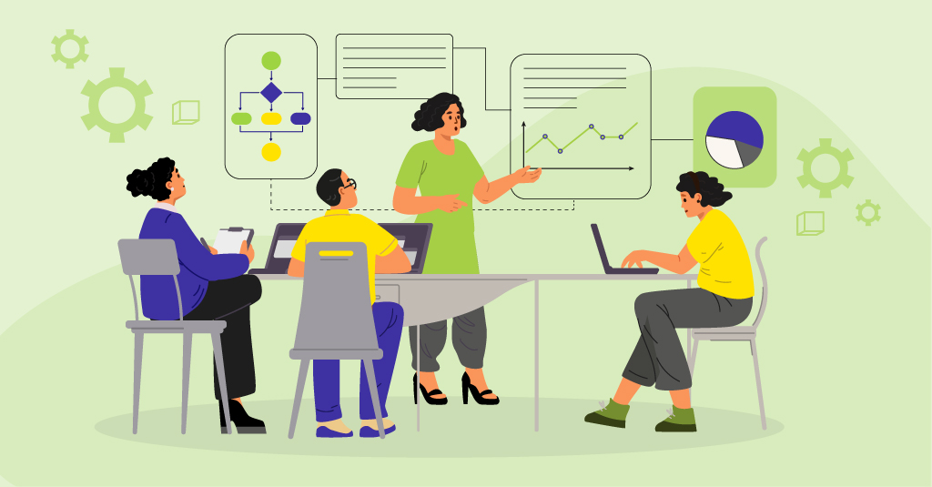 A group of employees collaborating during a leadership development session in a modern workplace.