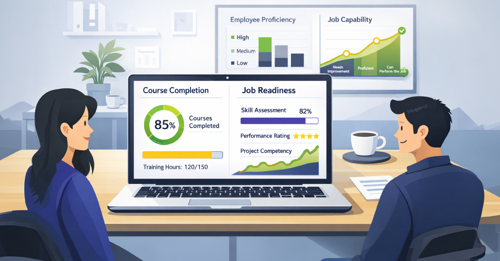 A visual of the Dashboard showing training completion data compared with workforce readiness and competency assessment metrics