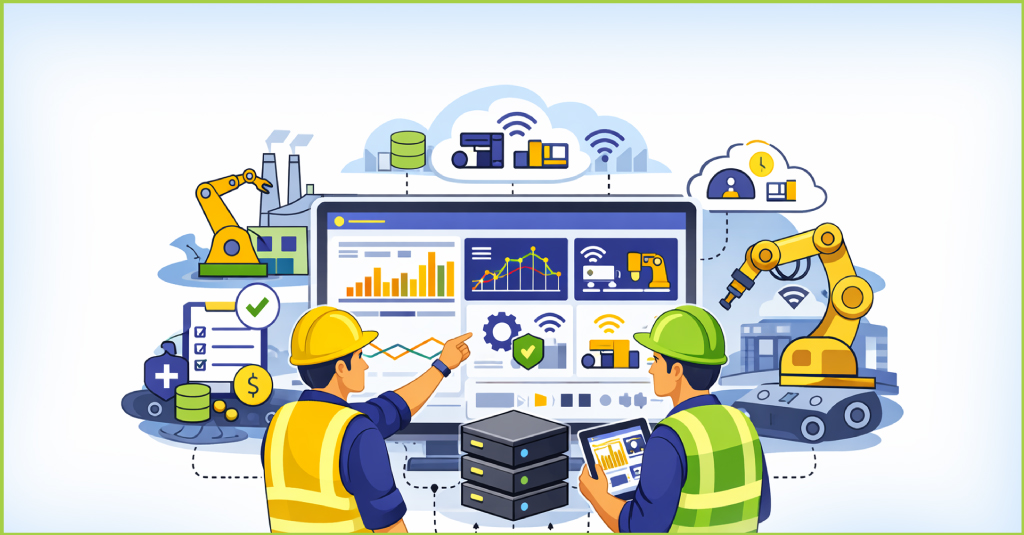 Manufacturing operators review MES dashboards and IoT data on a smart factory shop floor during production planning.