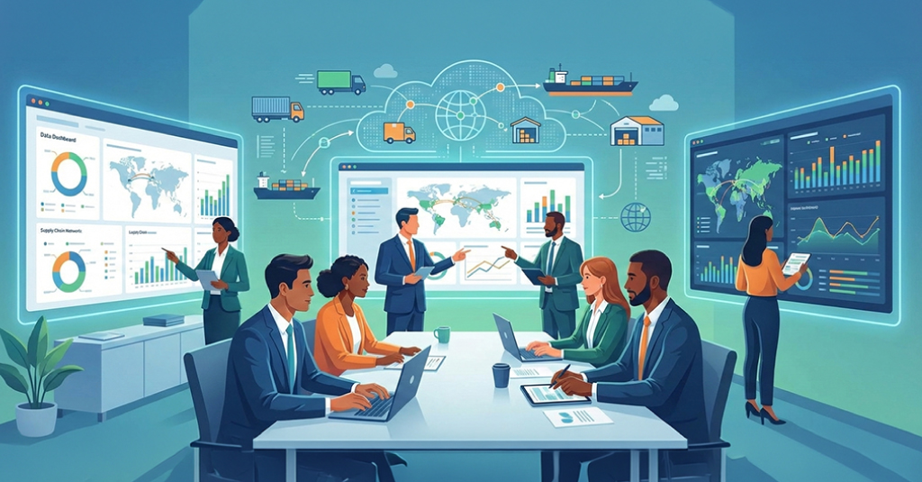Enterprise supply chain team reviewing dashboards and planning data in a logistics operations meeting.