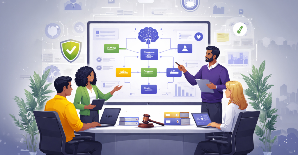 Enterprise learning team reviewing AI-generated training workflows within a structured governance framework.