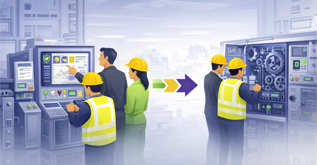 Factory workers learning on machines during workforce training to close the manufacturing skills gap and improve plant performance