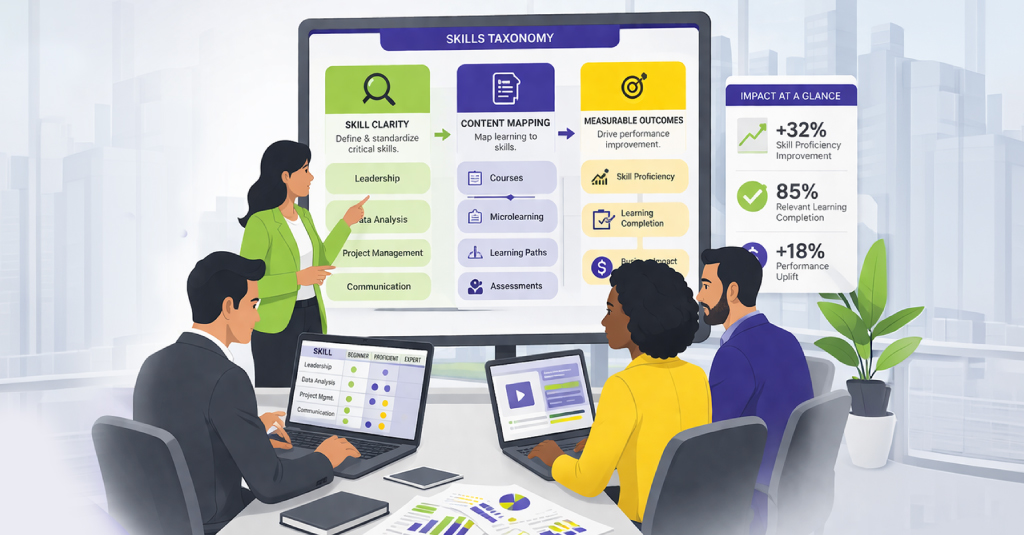 Skills taxonomy for L&D showing skill clarity, content mapping, and measurable learning outcomes across enterprise teams