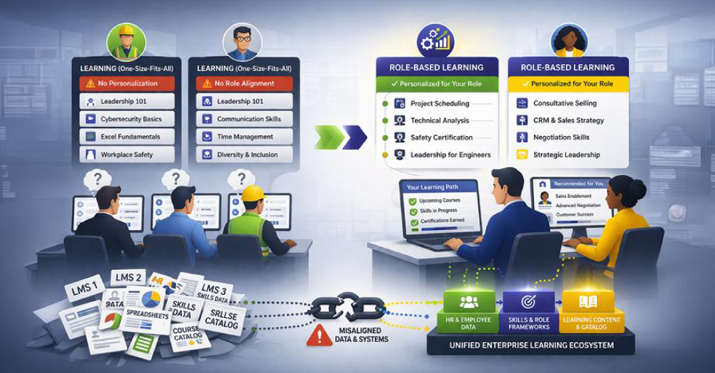 Enterprise learning systems showing misaligned data, roles, and personalized learning paths across platforms.