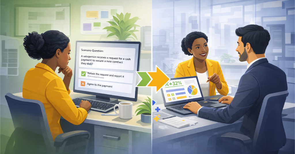 eLearning assessment design framework showing performance-based learning, behavioral assessment, and training impact measurement