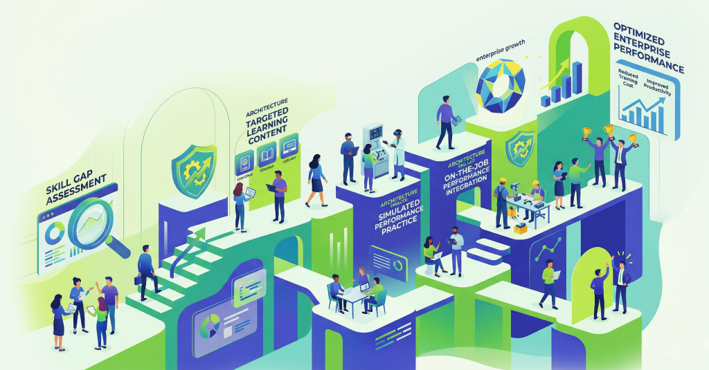 Graphic representing learning journey design for employee upskilling, skill gaps, and on-the-job performance improvement.