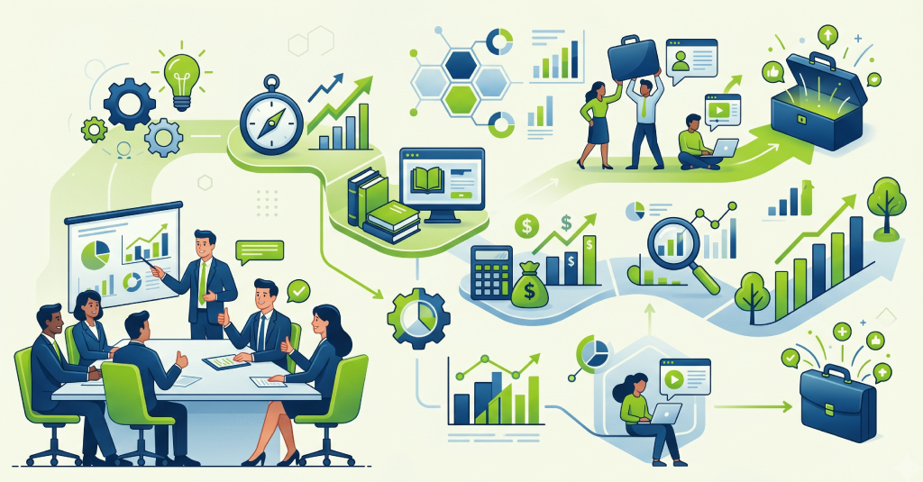 Visual of enterprise L&D business case linking training ROI to productivity, revenue impact, and executive decision making.