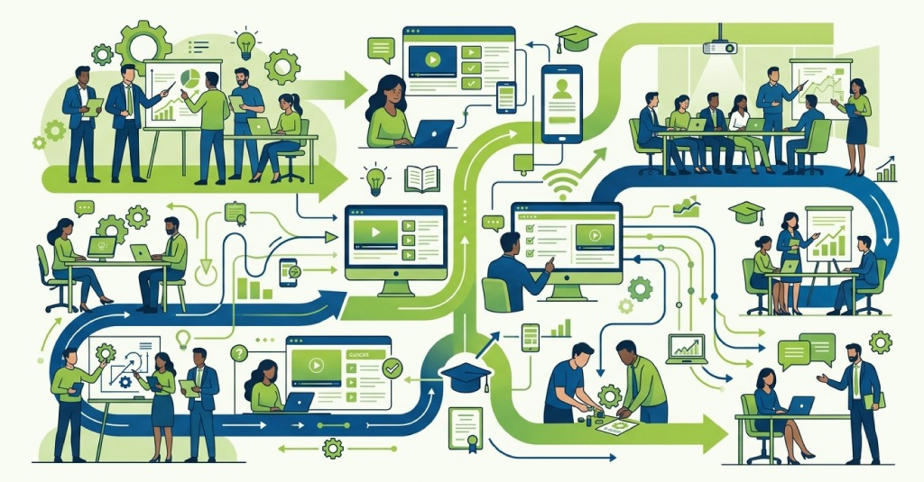 Enterprise training platform showing blended learning strategy with eLearning, VILT sessions, microlearning, and analytics dashboards.