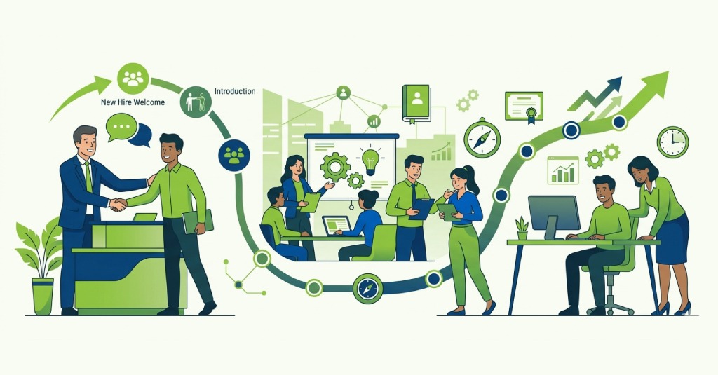 Diagram showing three phases of employee onboarding program: orientation, onboarding, and assimilation with timeframes and goals