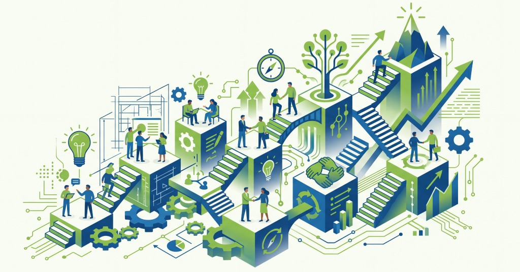 Business leaders in a corporate leadership development program focused on strategy, coaching, and team management