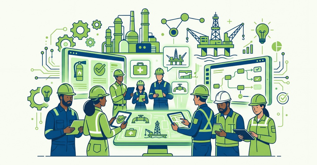 Offshore oil and gas workers using tablets for custom eLearning safety and compliance training during high-risk field operations.