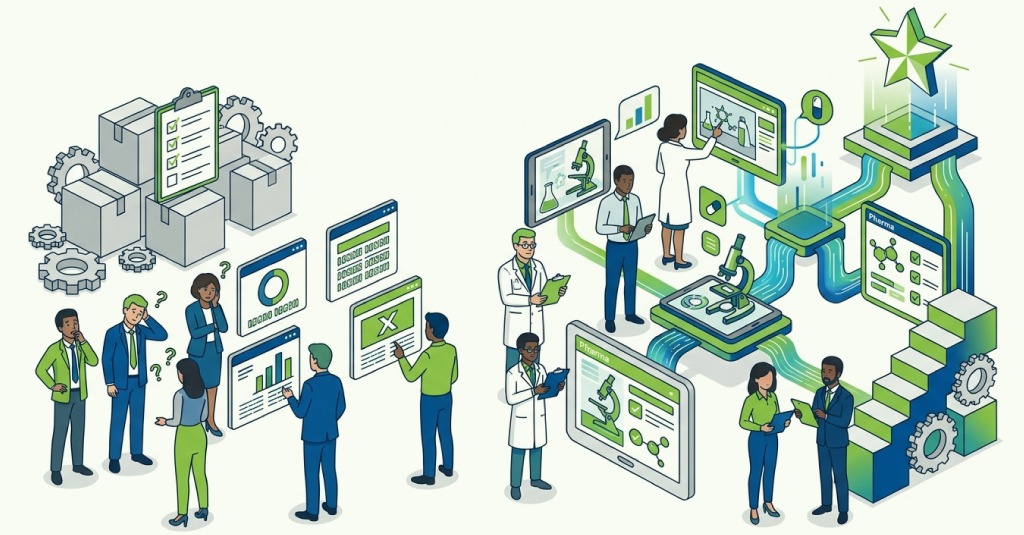 Pharma employee completing custom eLearning solutions for compliance training aligned to facility SOPs