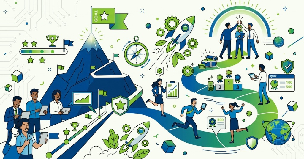 Corporate training platform showing gamification elements like points, badges, progress tracking, and learner dashboard insights.