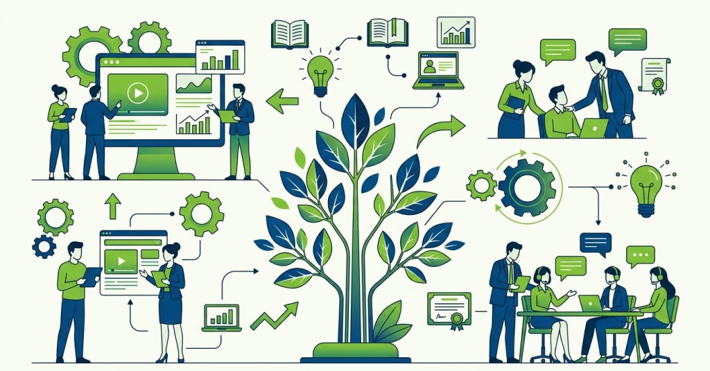 Enterprise training banner with instructional design process, scenario-based learning, and workforce development.