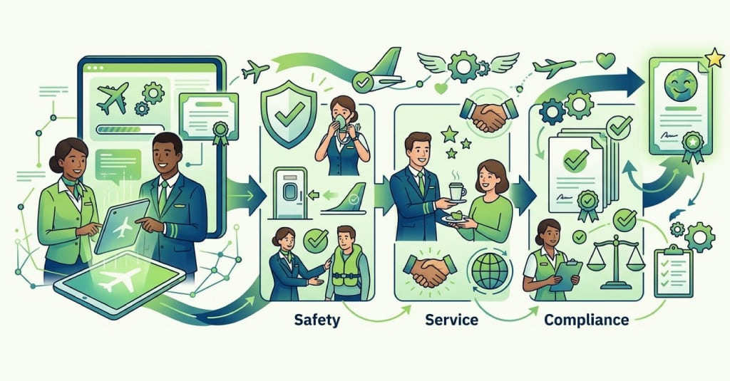 Cabin crew completing scenario-based aviation eLearning module