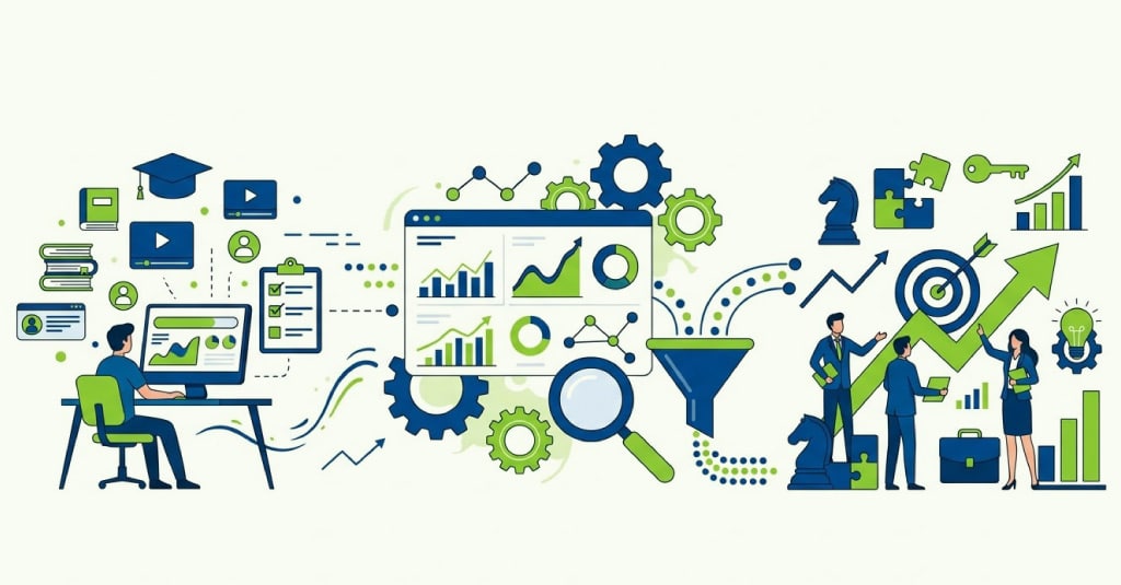 L&D leader reviewing a learning analytics dashboard connecting training data to business outcomes